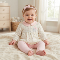 N14758: Baby Girls Waffle Fabric Tunic, Legging & Headband Outfit (0-9 Months)